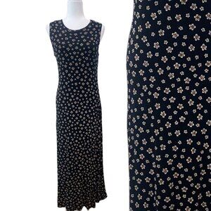 Vintage 90s Slinky Sleeveless Maxi Dress Black Floral Glitter Print Medium